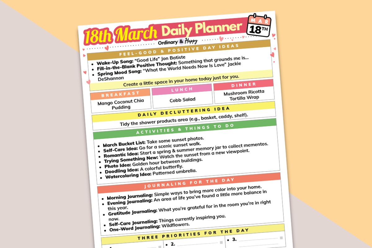 march 18th daily planner printable displayed on a block color 2-color background