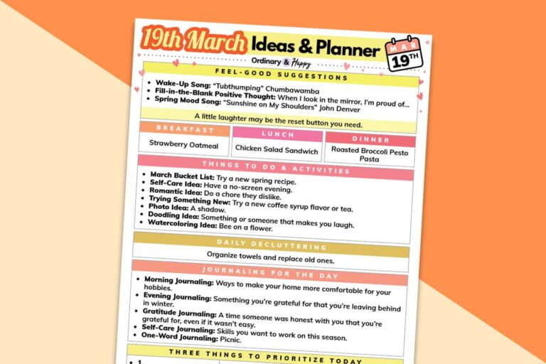 march 19th daily planner printable tilted to the right displayed on a diagonal block color orange backdrop