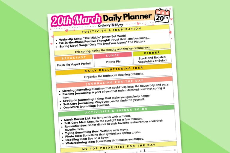 march 20th daily planner printable partially visible laid out on a 2-color green block color background