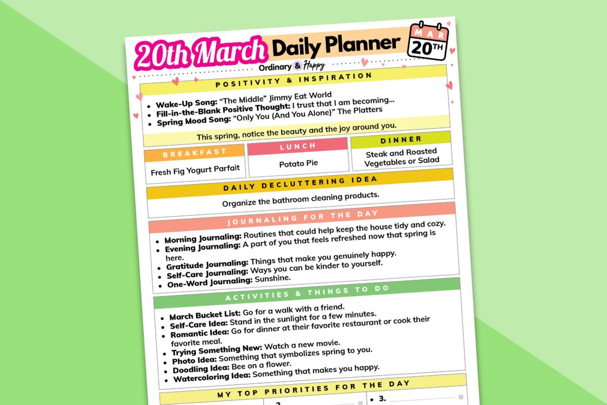 march 20th daily planner printable partially visible laid out on a 2-color green block color background