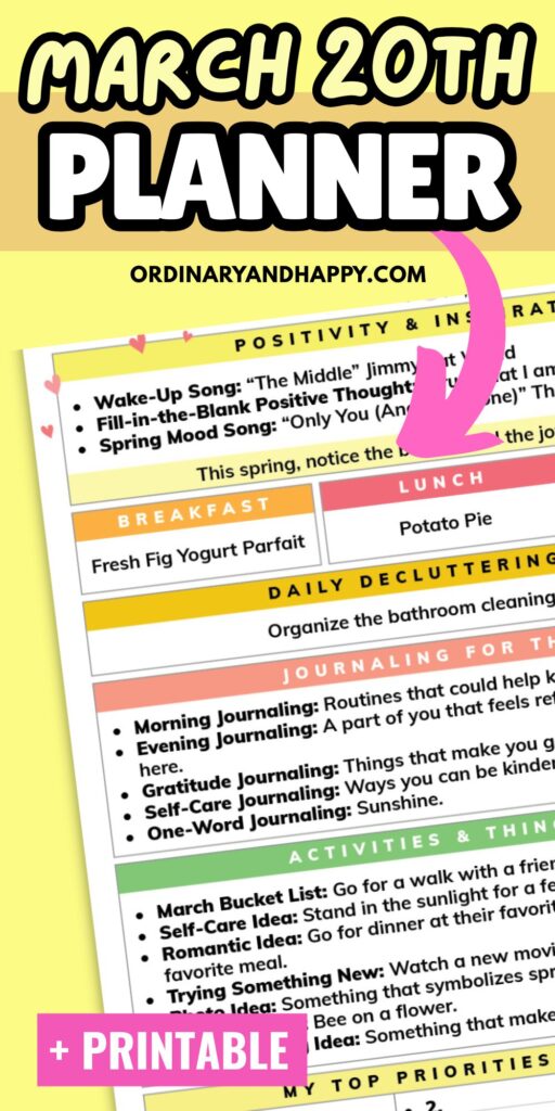 march 20th planner close up view on an orange and yellow colorful graphic with a pink arrow pointing to the planner