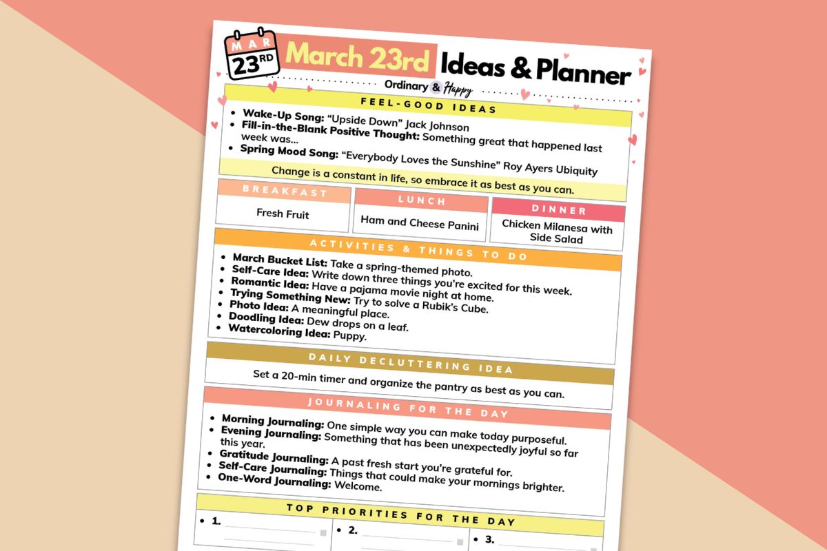 march 23rd daily planner printable tiled to the right on a red and light orange backdrop
