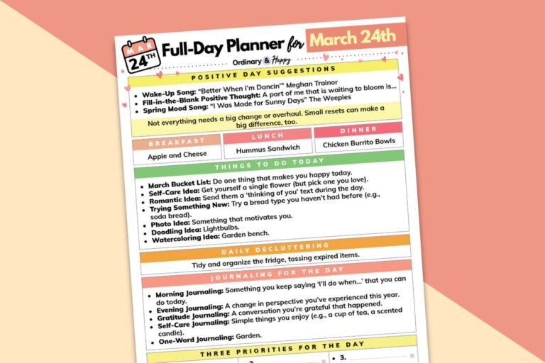 march 24th daily planner printable displayed on a red and vanilla block color background