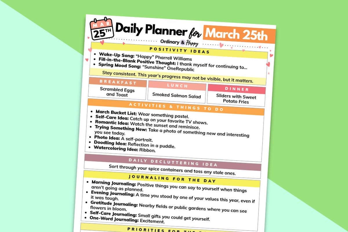 march 25th daily planner printable on a yellow and green background