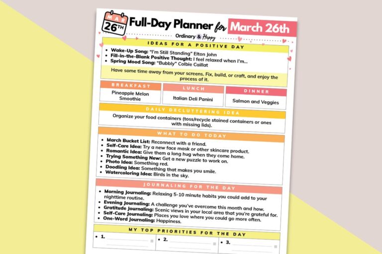 march 26th full-day planner printable on a yellow and pink background