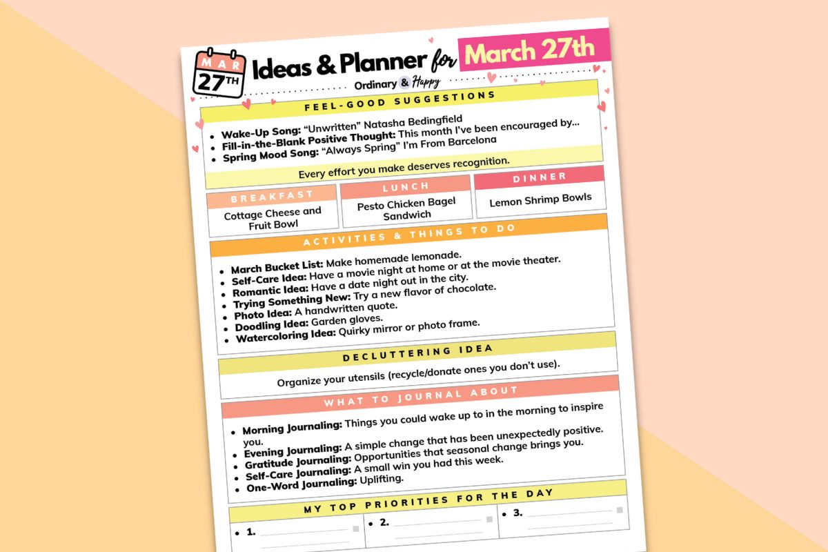 march 27th daily planner on a peach and ivory block color background