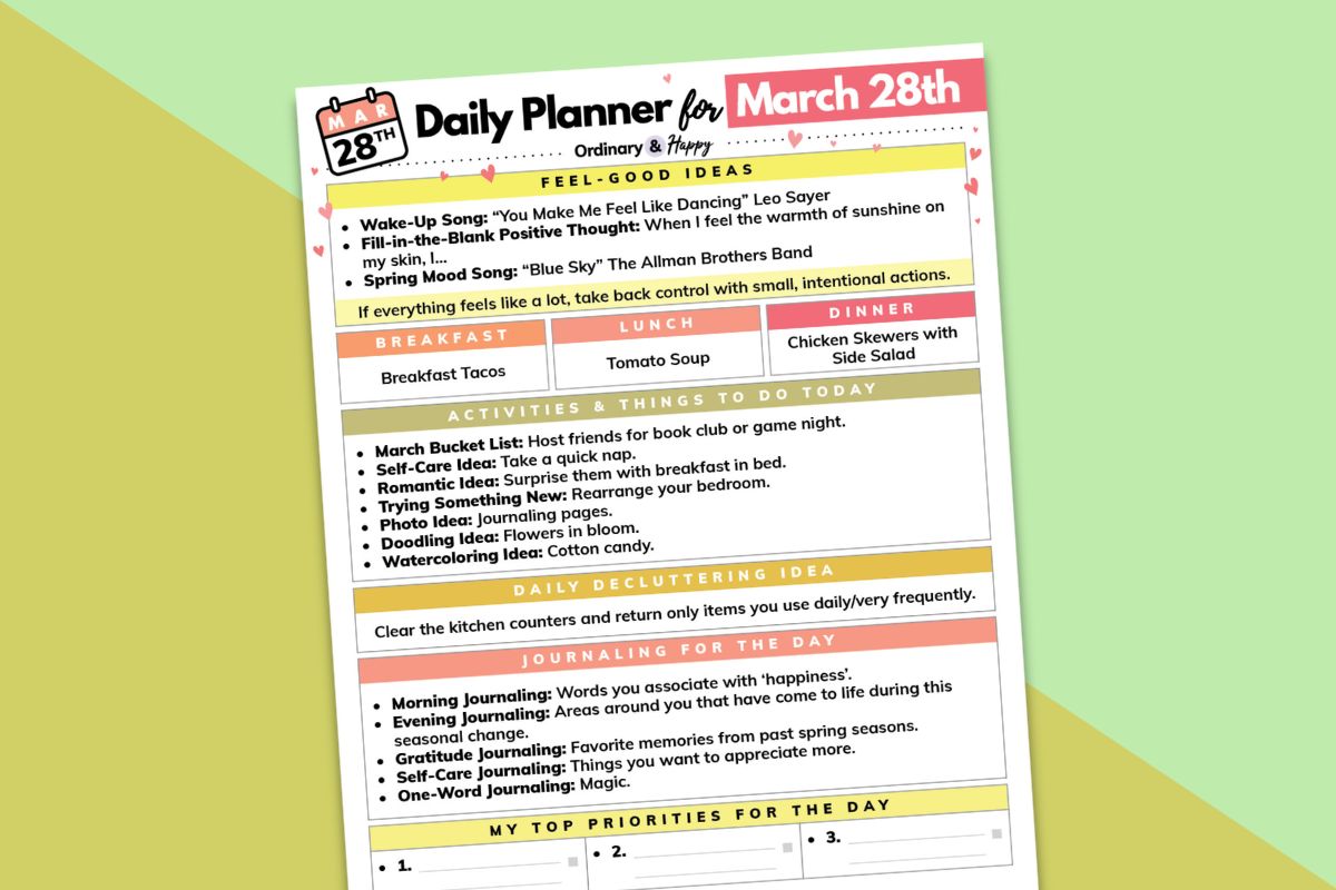 march 28th daily planner printable displayed on a green and yellow block color background