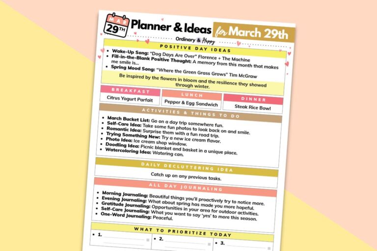 march 29th daily planner printable on a block color background