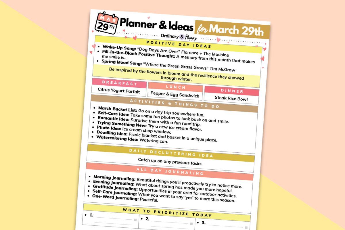 march 29th daily planner printable on a block color background