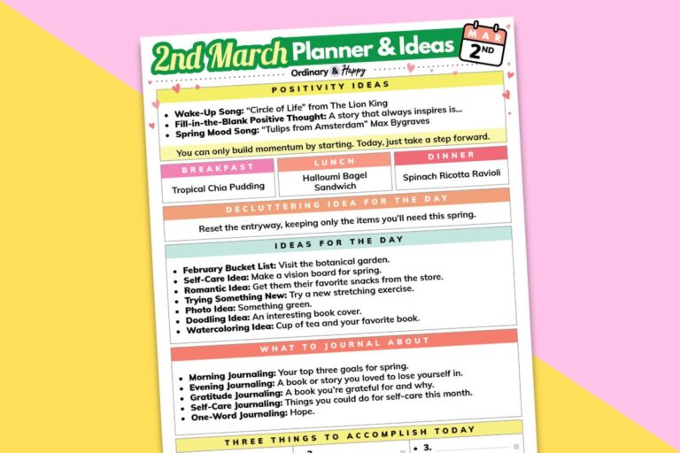 march 2nd daily planner printable displayed on a green and pink 2-color background