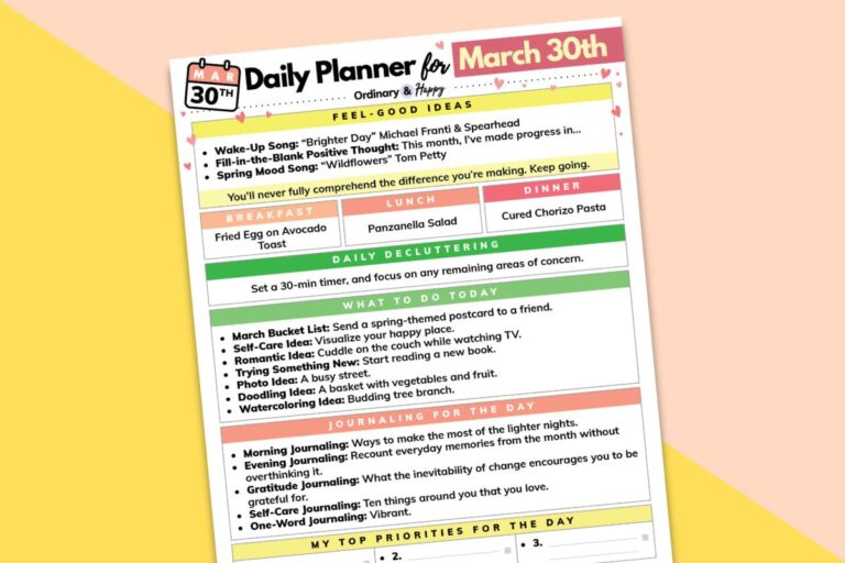 march 30th daily planner on a block color yellow background