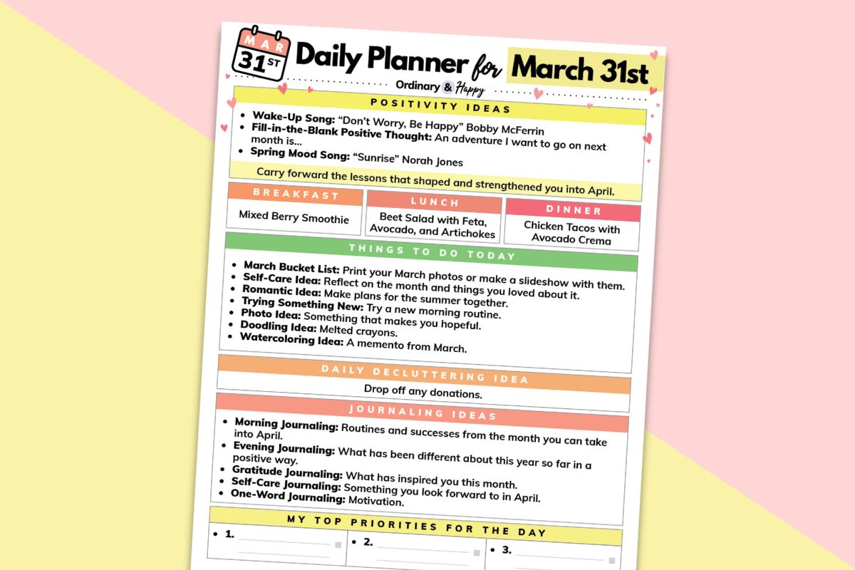 march 31st daily planner in printable format displayed titled to the right on a pale pink and yellow backdrop