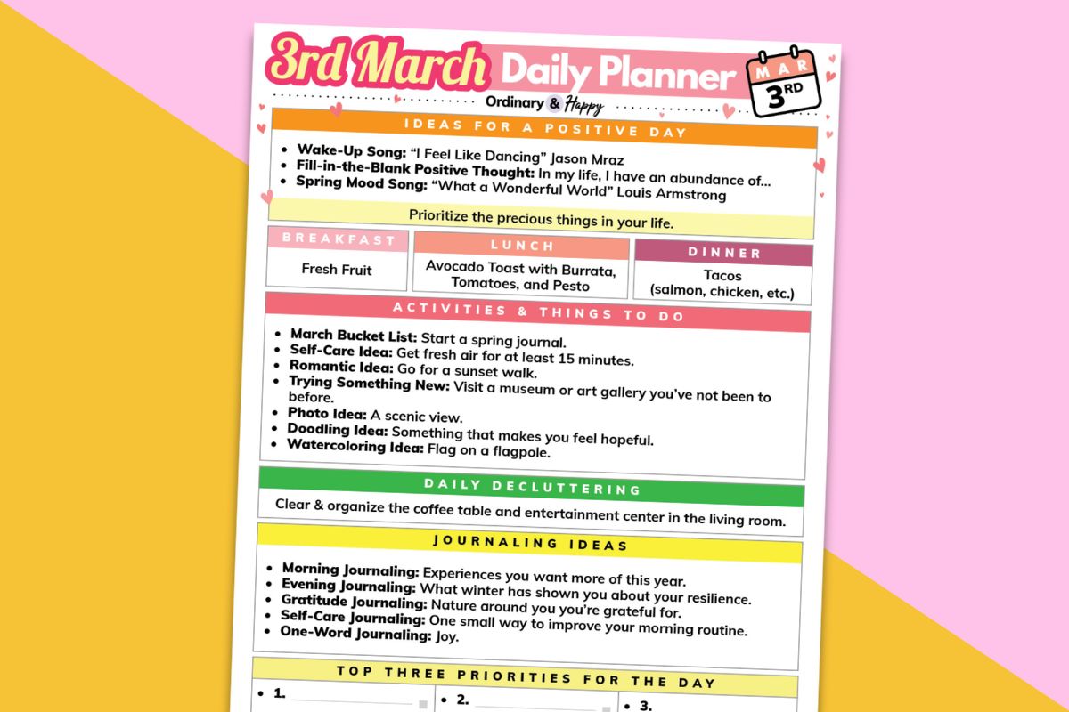 daily planner listicle printable for march 3rd laid out on an orange and pink block color background