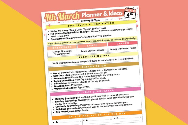 march 4th daily planner listicle printable tilted to the left laid out on an orange and red block color backdrop