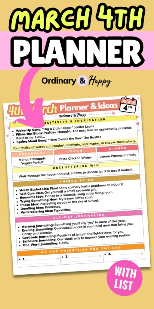 march 4th planner listicle printable on an orange background