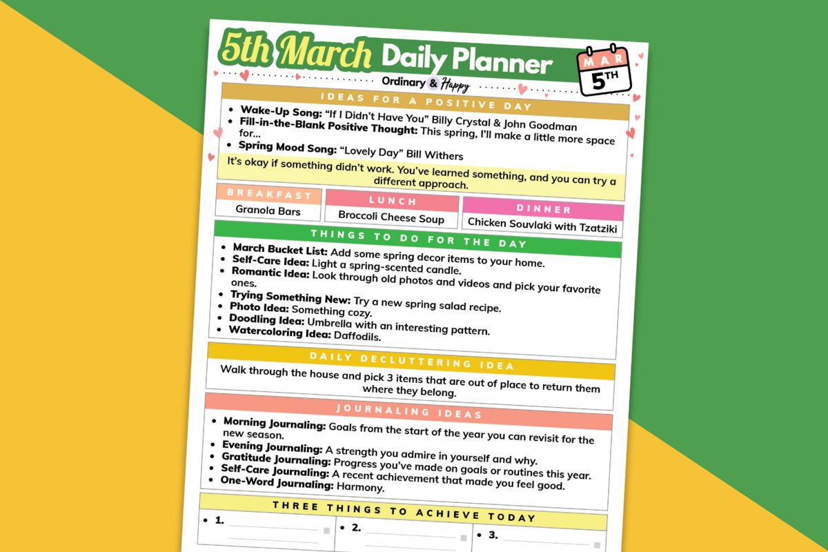 mach 5th daily planner printable on a block color green and orange backdrop
