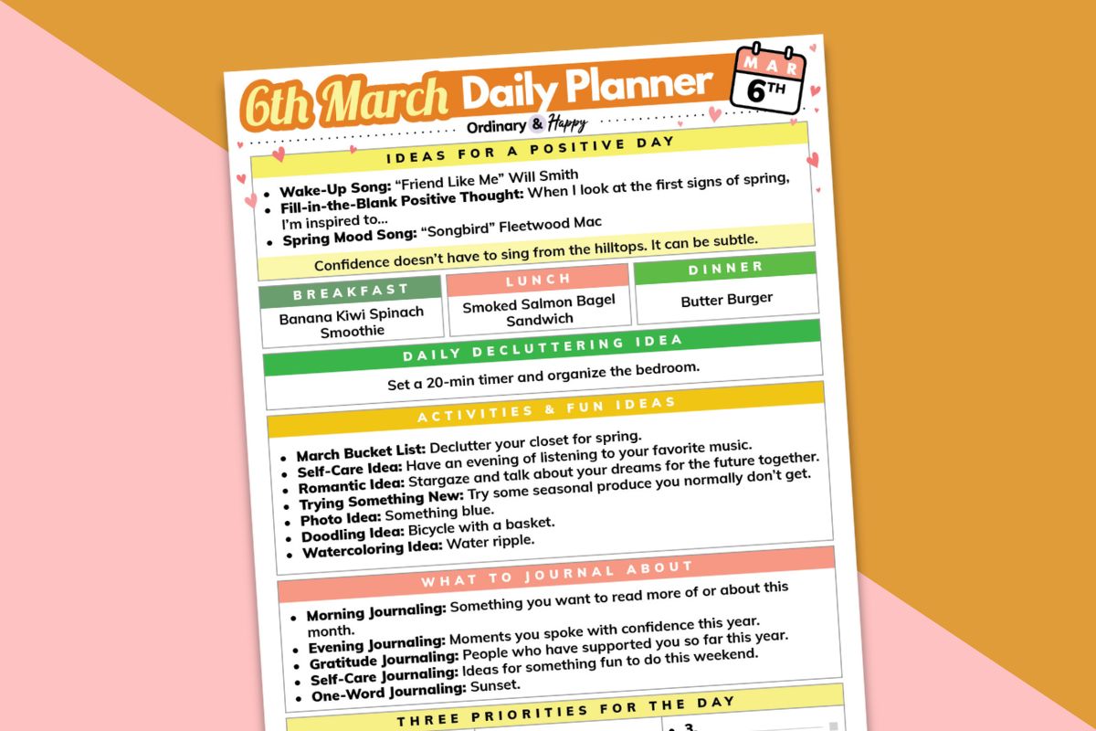 march 6th daily planner printable laid out titled to the left on a pink and orange block color backdrop