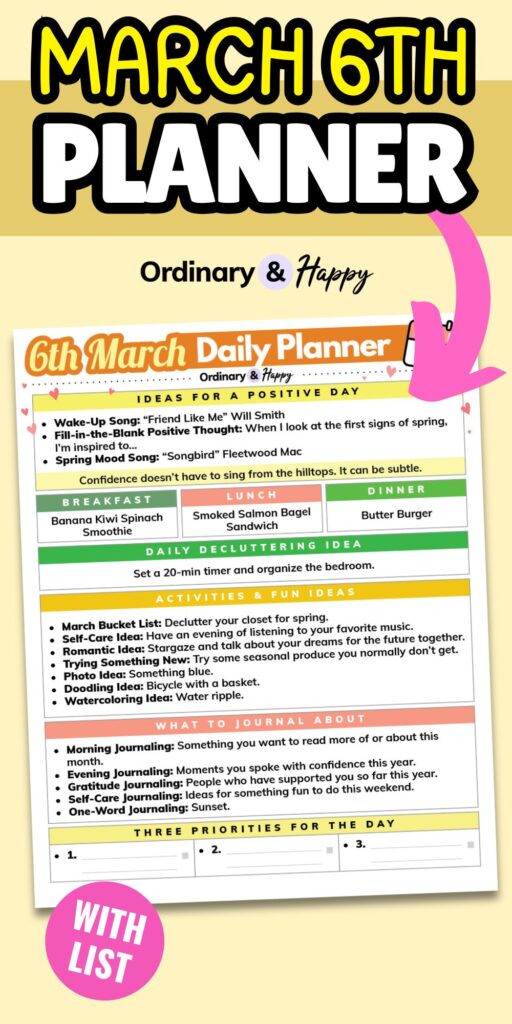 march 6th daily planner laid out on a yellow background in a color graphic