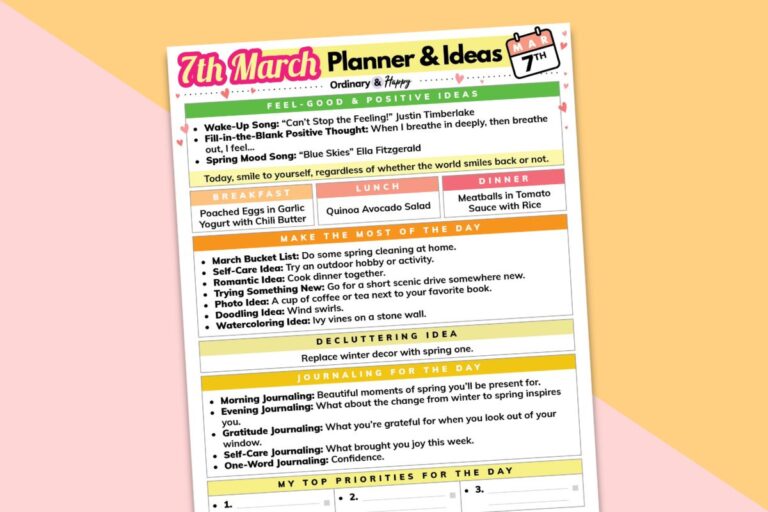 7th march planner printable laid out on an orange and pink backdrop