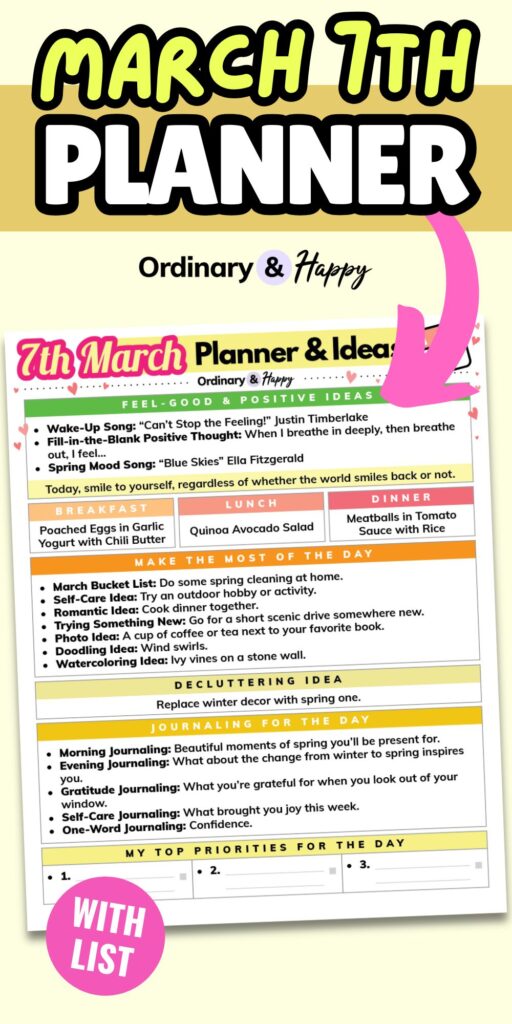 colorful pin graphic displaying a march 7th planner laid out on a yellow background with a pink arrow pointing to it