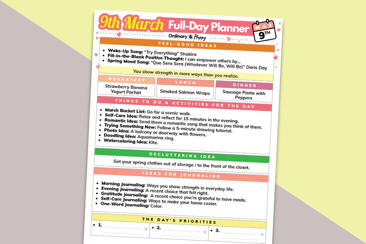 march 9th daily planner printable laid out on a 2-color pink and yellow backdrop