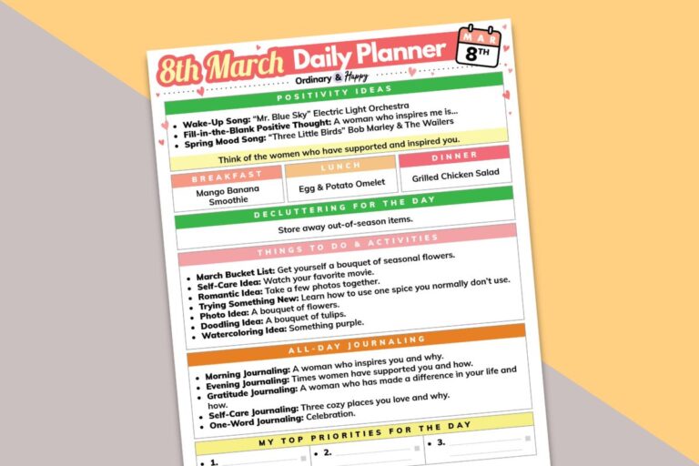 march 8th daily planner printable top half against a pink and orange block color background