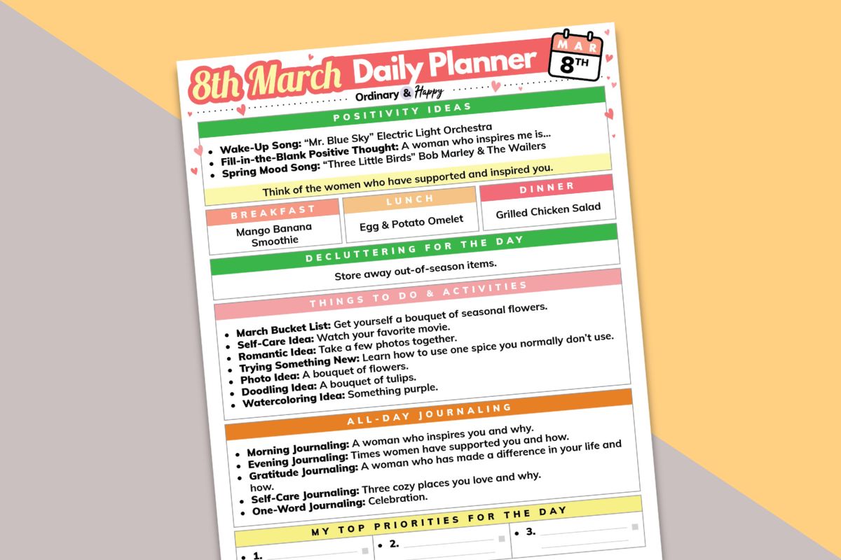 march 8th daily planner printable top half against a pink and orange block color background