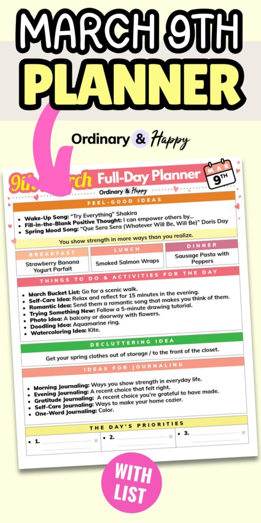 march 9th planner displayed on a light yellow background with bold text and a pink arrow pointing to it