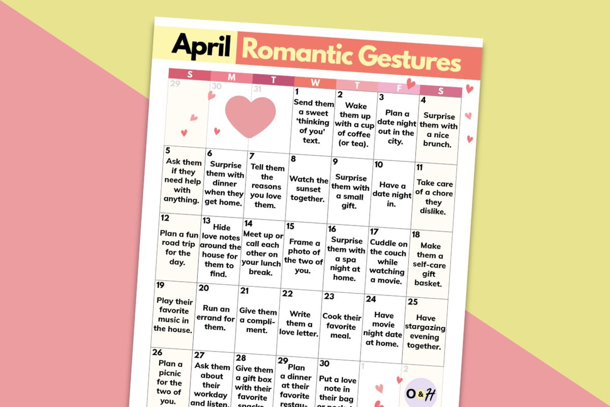 calendar of romantic gesture ideas for april in a printable displayed on a light orange and red background