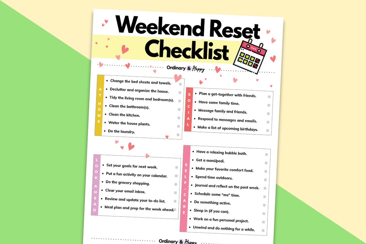 weekend reset checklist printable on a light yellow and green block color backdrop