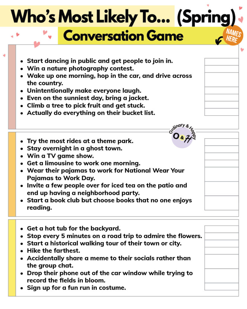 who's most likely to spring-themed game with a selection of questions to ask and space to write answers