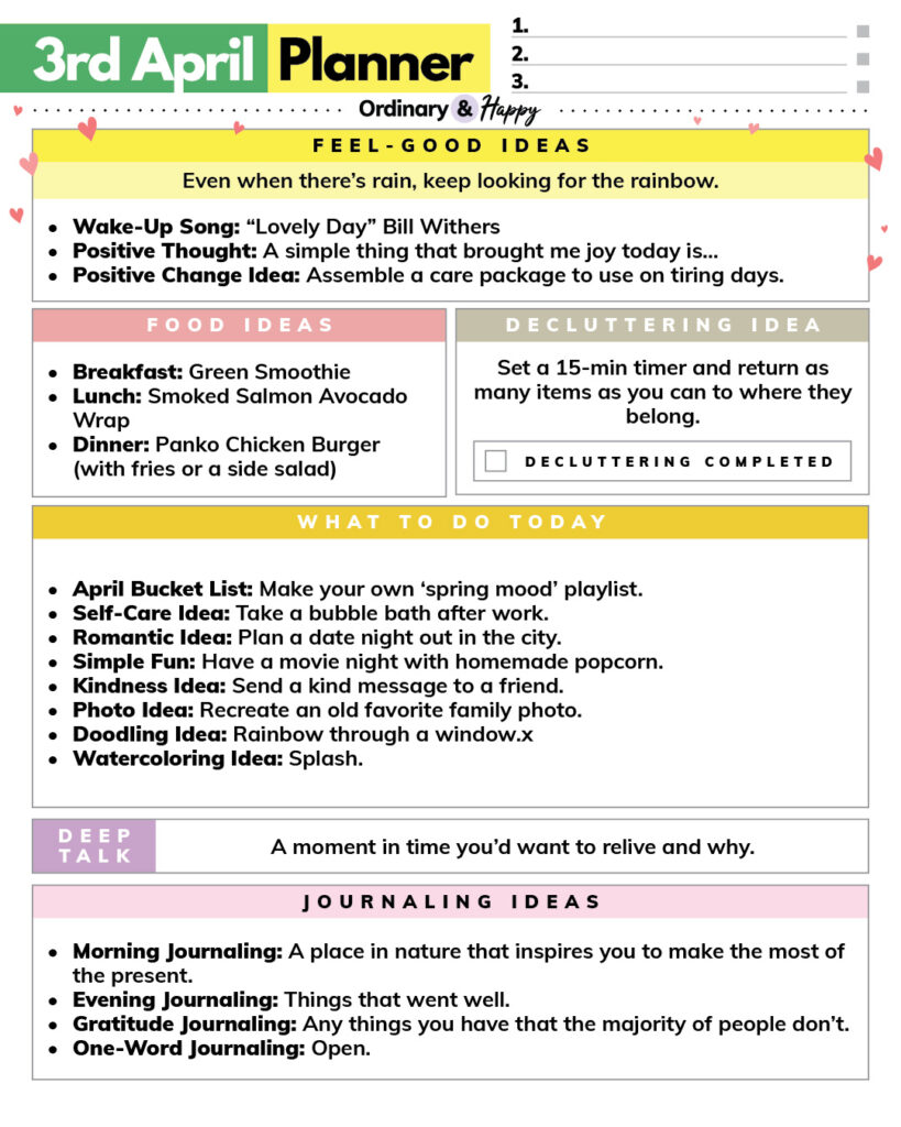 april 3rd daily planner printable with lists of ideas in color-coded rectangular boxes