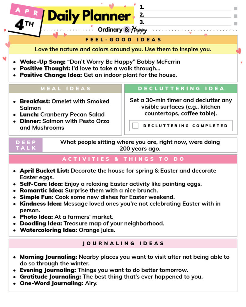 april 4th daily planner printable with color-coded sections and lists of ideas for daily life