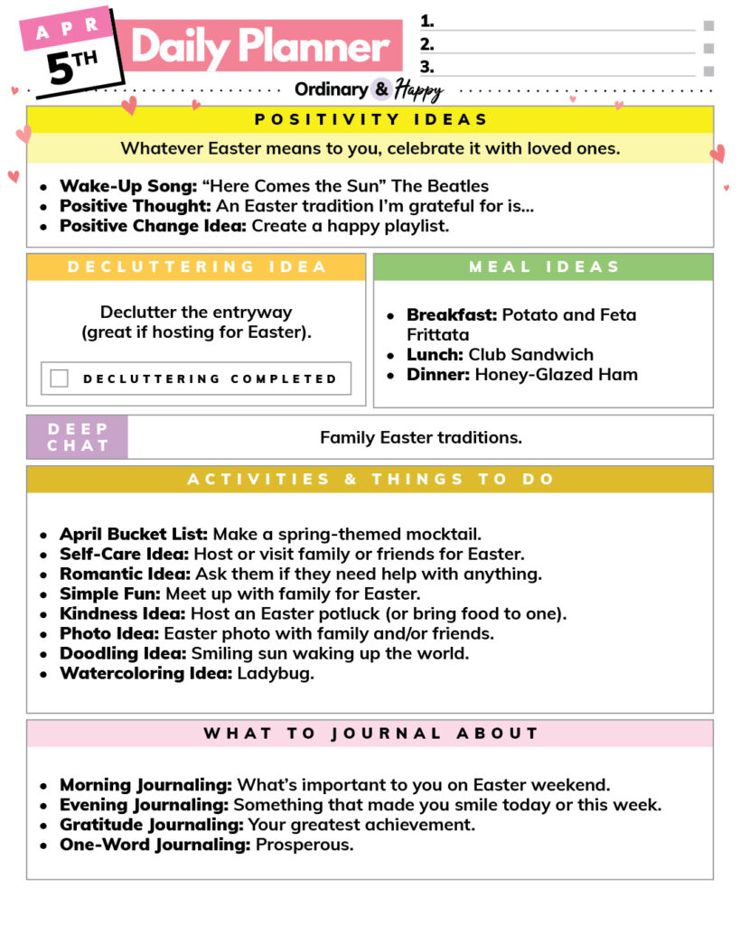 april 5th daily planner consisting of color-coded sections with lists of ideas for daily life