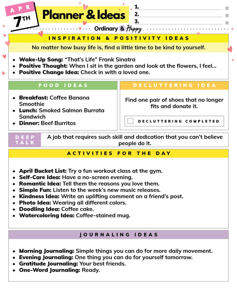 april 7th daily planner printable containing listicles in color-coded sections for everyday areas of daily life
