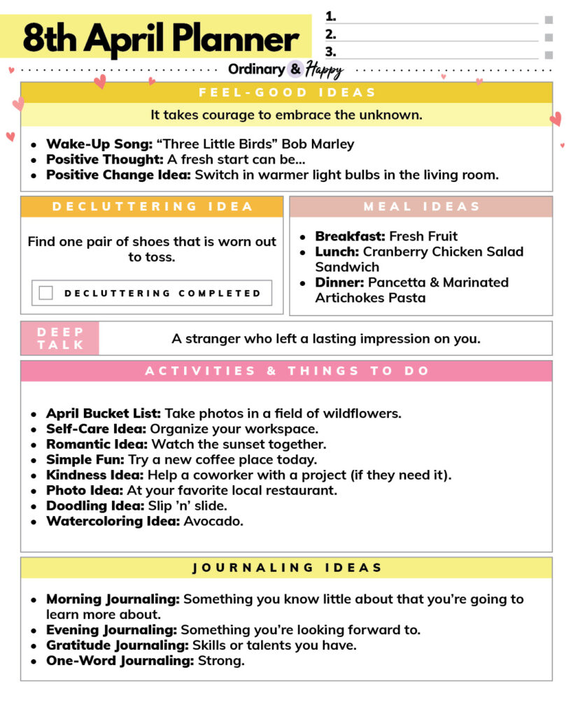 april 8th daily planner with space for goal-setting and listed ideas for different areas of everyday life in color-coded boxes