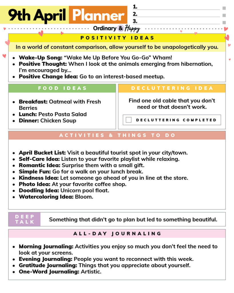 april 9th daily planner containing blanks spaces for to-do and lists of ideas for meals, positivity, acitivities, journaling, and decluttering