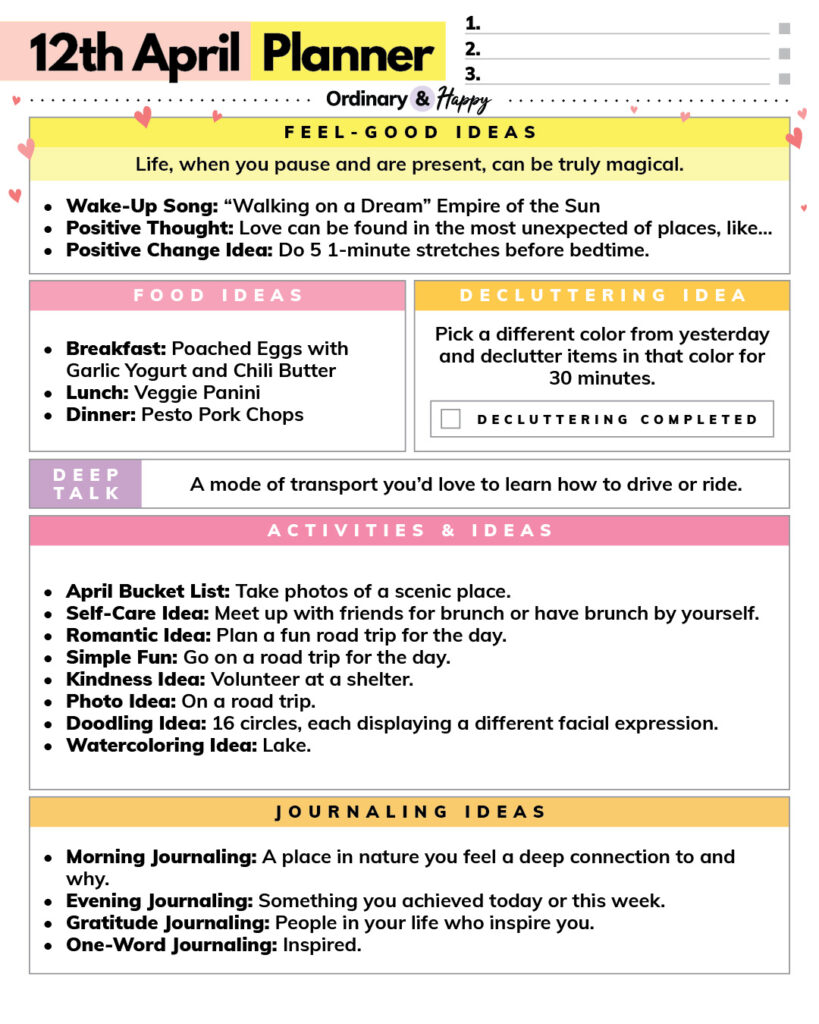 april 12th daily planner printable with color-coded sections containing ideas for different areas of daily life