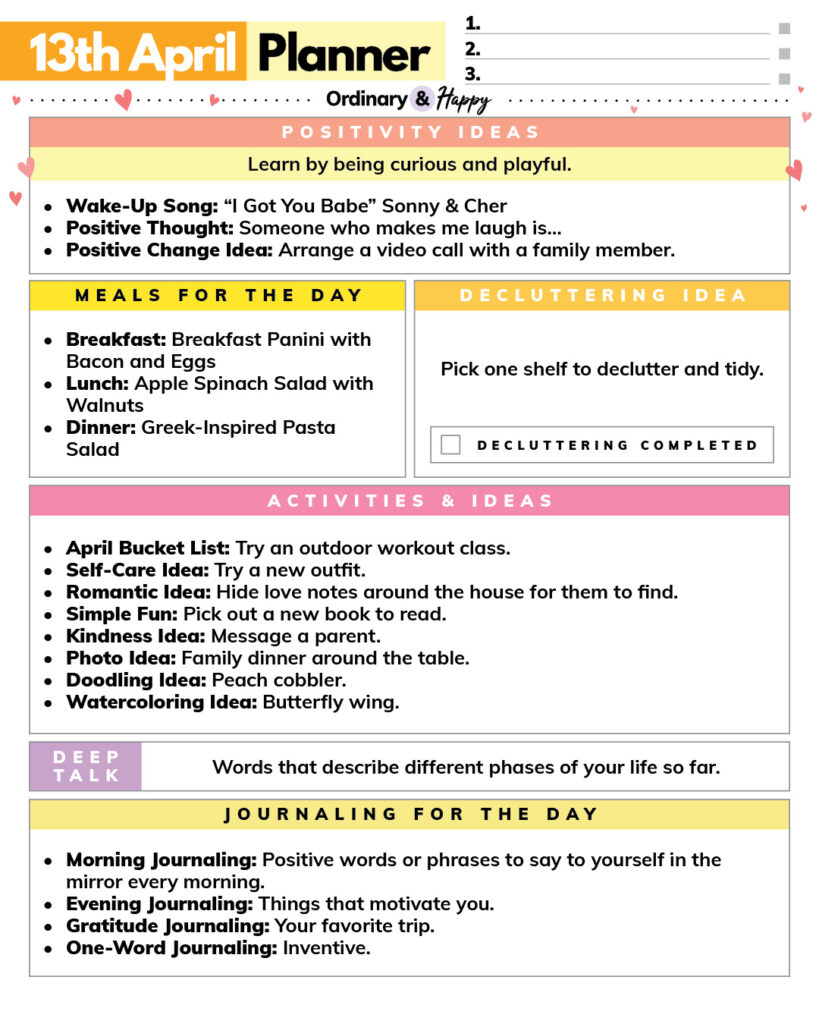 listed ideas in color-coded boxes for an april 13th daily planner printable