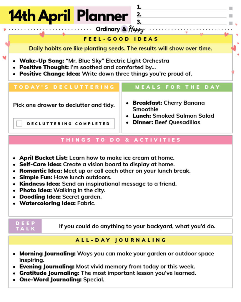 April 14th planner with lists of ideas in color-coded boxes for areas of daily life
