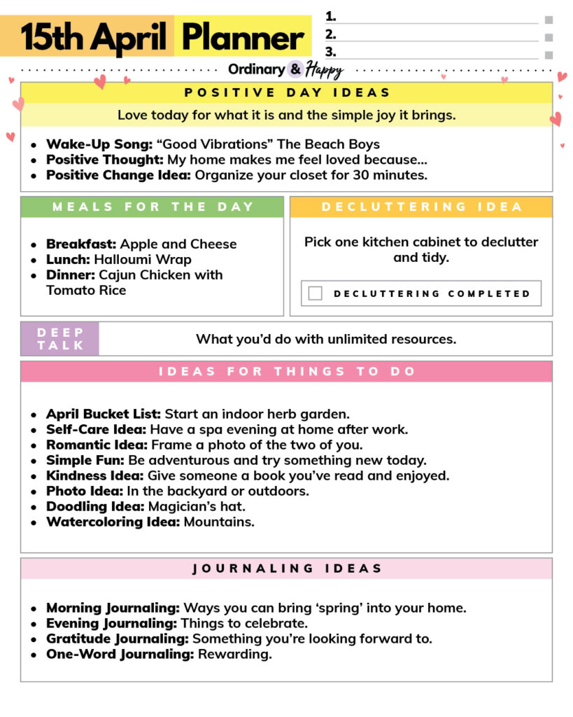 lists of ideas in color-coded section on a printable for 15th april daily planner and ideas