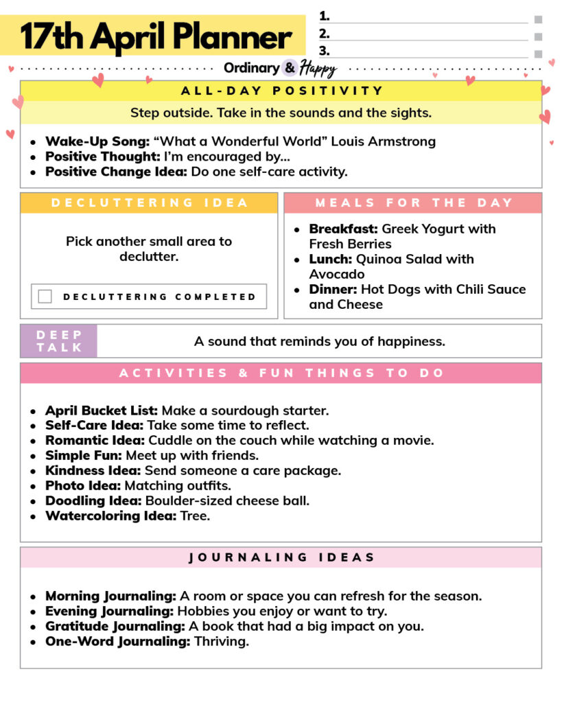 april 17th daily planner printable containing lists of ideas in color-coded boxes