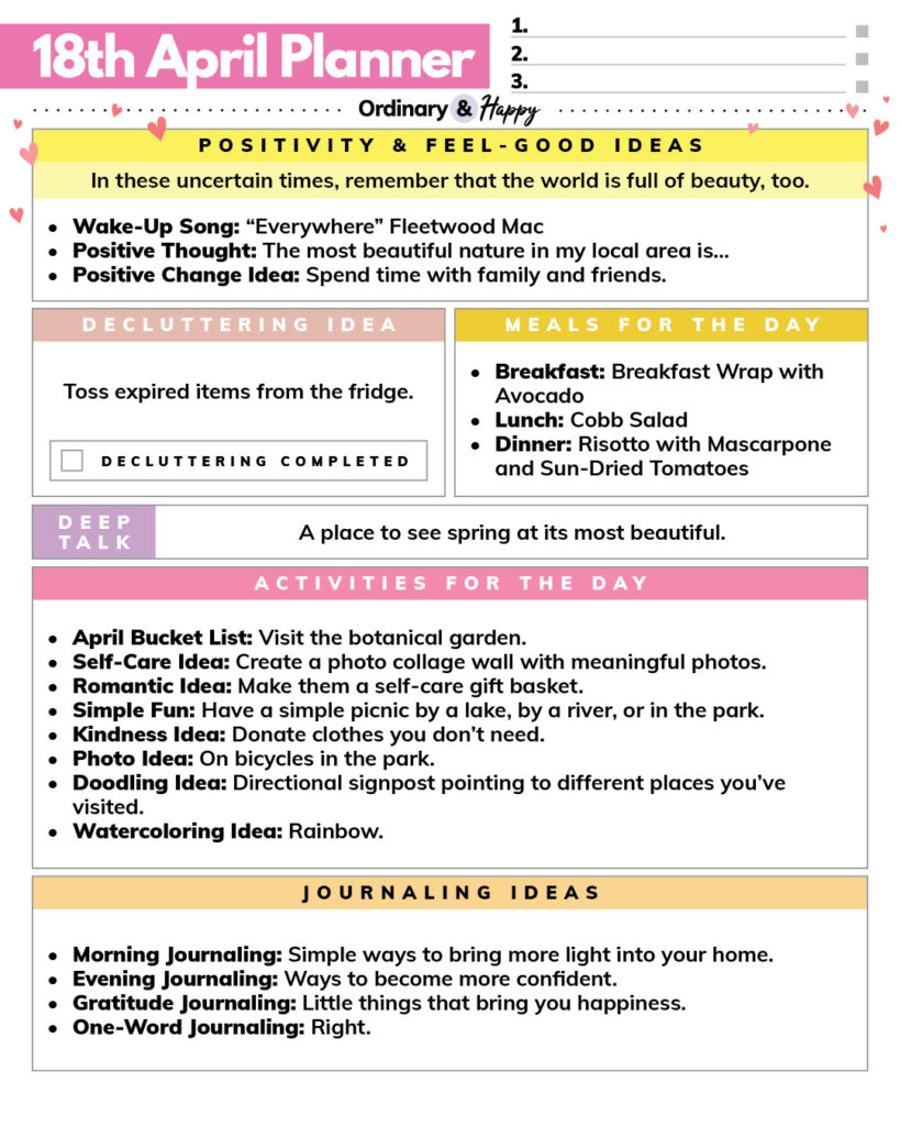 april 18th daily planner printable with lists of ideas for different areas of daily life