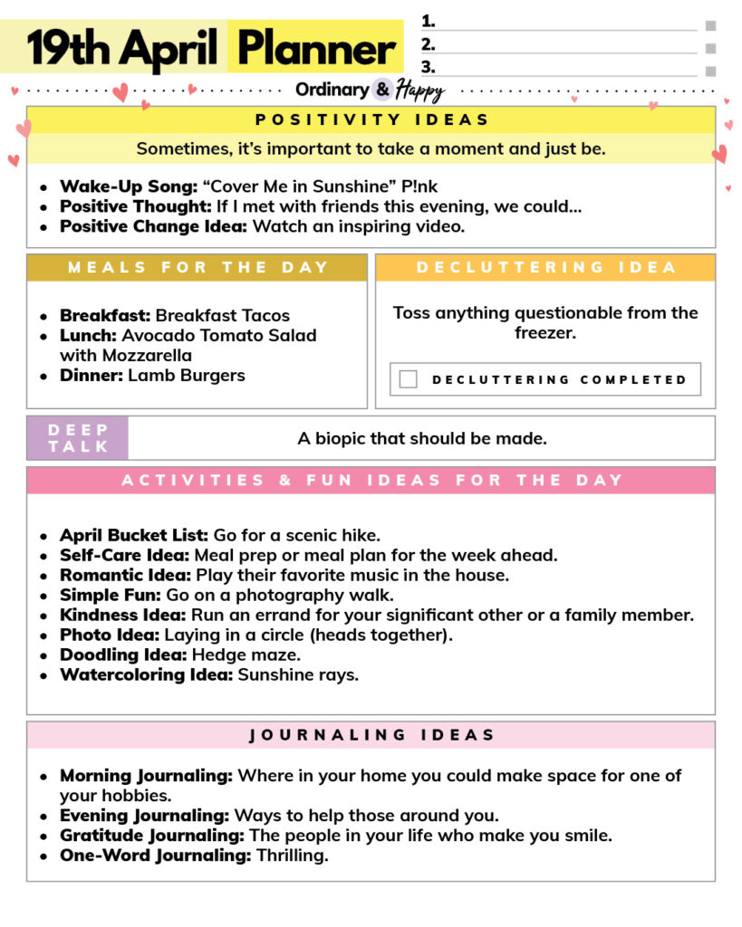 april 19th daily planner printable with lists of ideas in color-coded sections for daily life