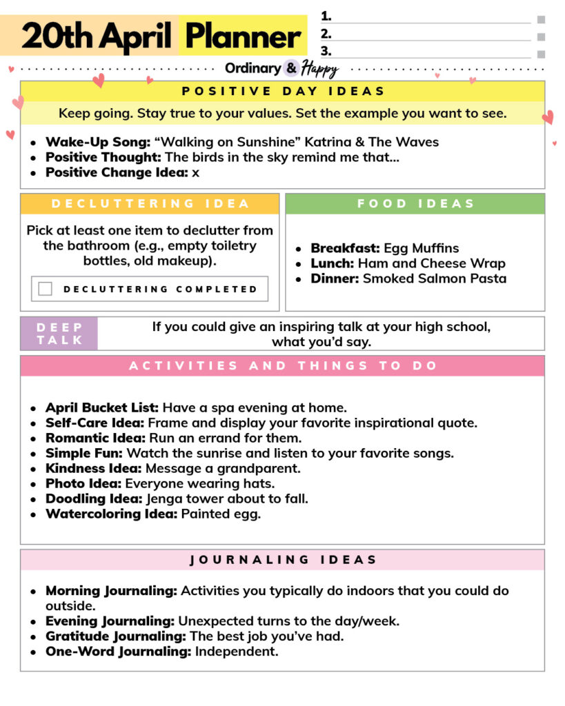 april 20th full-day planner with listicles for different areas of daily life