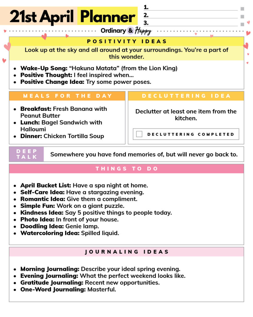 april 21st daily planner with sections containing listed ideas for the day