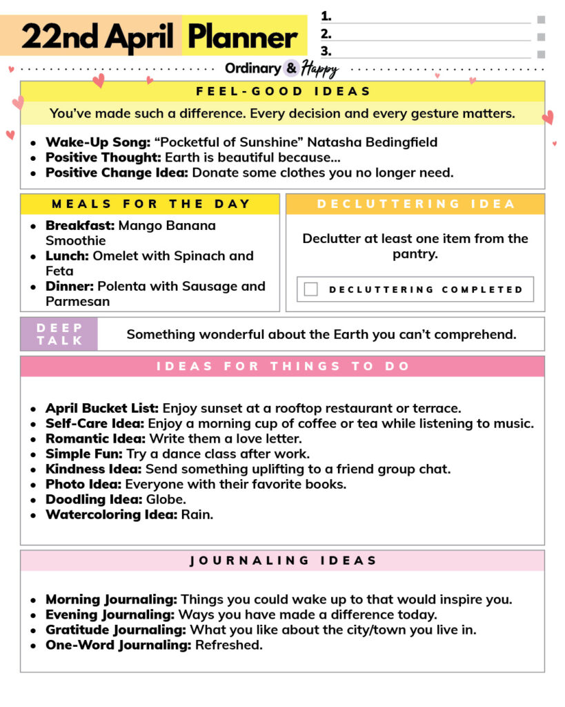 april 22nd daily planner with color-coded boxes containing ideas for activities, positivity, meals, decluttering, journaling, and conversation