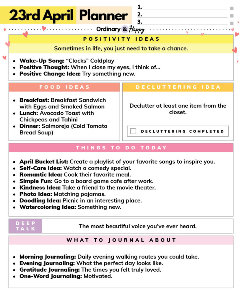 april 23rd daily planner printable with lists of ideas for positivity, decluttering, food, activities, deep talk, and journaling ideas