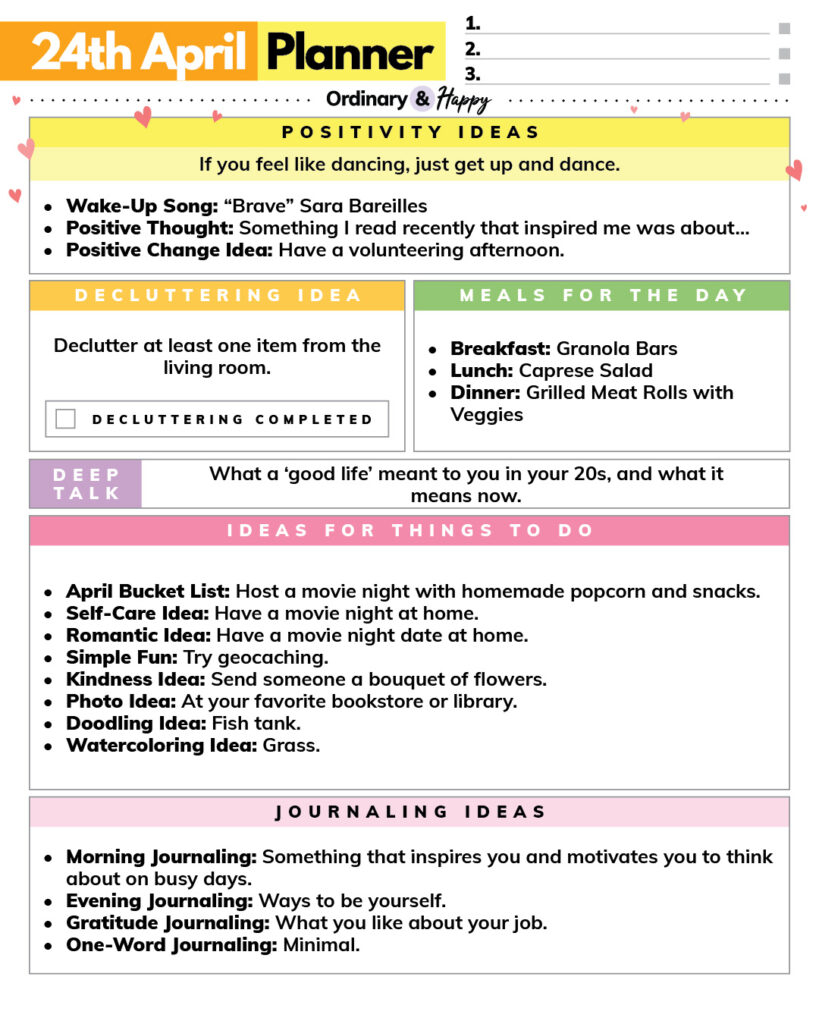 april 24th daily planner printable with color-coded sections containing lists of ideas for everyday life