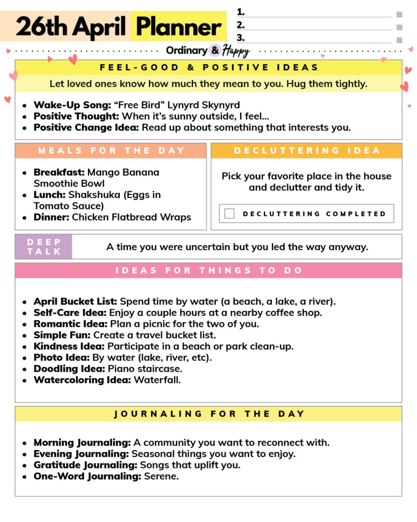 april 26th daily planner with listed ideas for different areas of everyday life